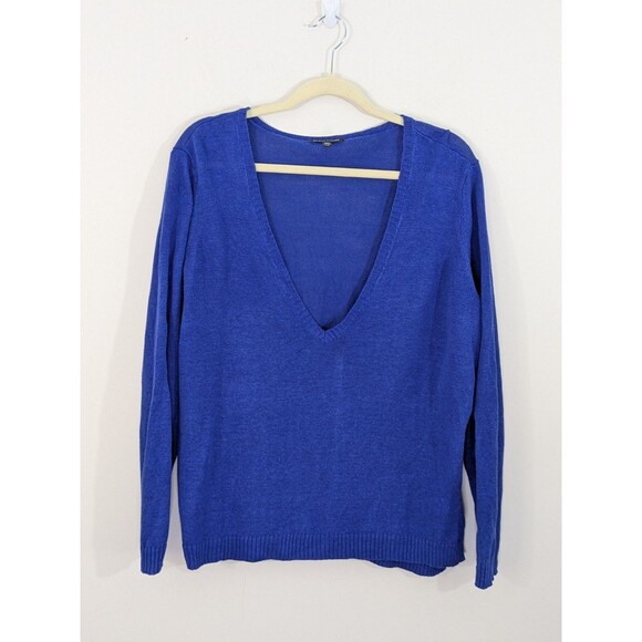 Eileen Fisher Womens 100% Organic Linen Deep V-Neck Knit Sweater Blue Sz Large - Picture 1 of 8